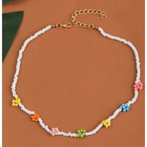 Fashion Bohemian Female Handmade Beaded Multicolor Flower Necklaces For Women Boho White Glass Beads Chain Necklace Jewelry