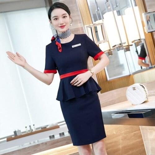 Fashion Styles Summer Short Sleeve Dresses OL Styles for Women Business Work Wear Slim Hips Dress Scarf for Ladies Beauty Salon