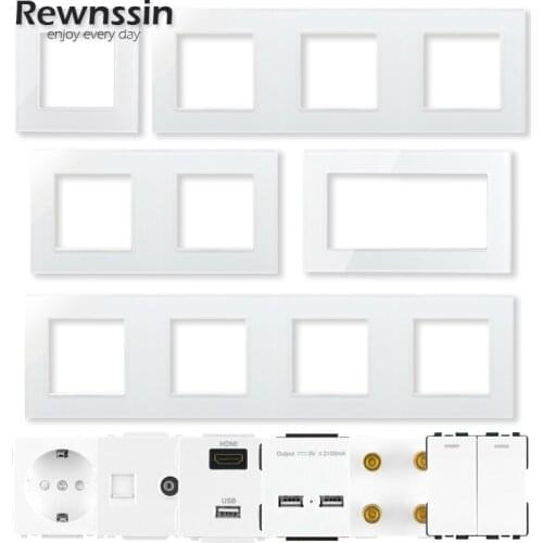 Power Switch Socket Module Part White Glass Panel Frame DIY Free Combination Single/Double/Triple/Quadruple 110-250V Wall Outlet