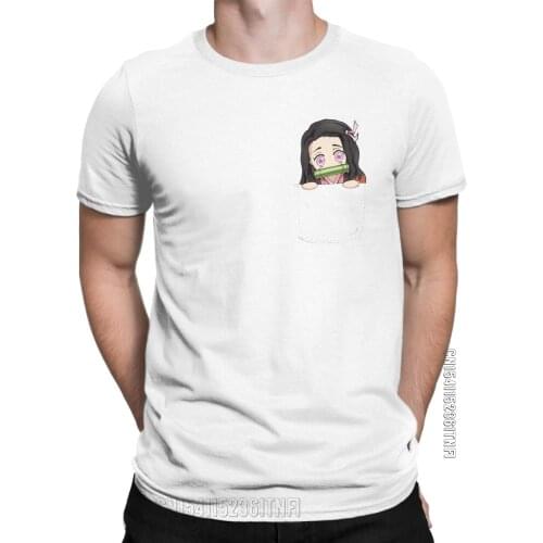 Demon Slayer Nezuko Pocket T Shirts For Men Pure Cotton Amazing T-Shirt O Neck Tee Shirt Classic Short Sleeve Tops Summer