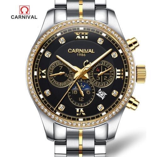 Carnival Luxury Movement Double Calendar Silver Stainless steel Phase Moon Mechanical Watch Men Diamond Bezel Luminescence Miyot