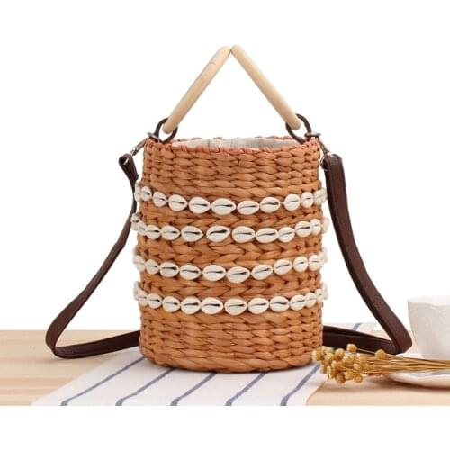 New Summer Bohemian Shell Decoration Bag For Women High Quality Straw Beach Ladies Handbag With Wooden Handle And Long PU Strap