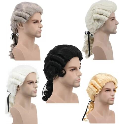 Grey White Black Lawyer Judge Baroque Curly Costume Wigs Deluxe Historical Halloween Long Synthetic Cosplay Wig + Wig Cap