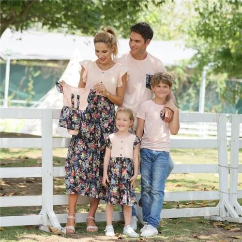 Mom and daughter Dress family matching clothes 2021 Summer Patchwork Floral Dress For Mommy And Me Father Son Short Sleeve Tee