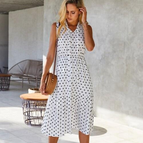 QINJOYER Women Polka Dot Print Maxi Dress Ladies Elegant Sleeveless Dress Women 2021 Fashion V-Neck Casual Dress Ruffle Women
