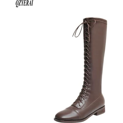 QZYERAI Knee high boots Genuine leather Women boots Warm winter With low Motorcycle boots Knight boots snow boots Women shoes