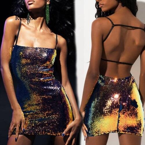 Rebicoo New Sequin Dress Europe and America Nightclub Hot Sale Women Sexy Backless Slim Dress Strap Short Dress