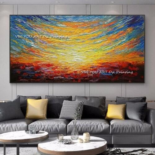 Hand-painted Thick Textured Abstract Sunset Oil Painting on Canvas Colorful Sky Modern Fine Art Picture For Home Decoration