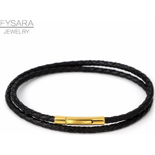 FYSARA Two Circles 3mm Thin Weave Black Leather Bracelet for Men Trendy Stainless Steel Gold Magnet Buckle Bracelet Women