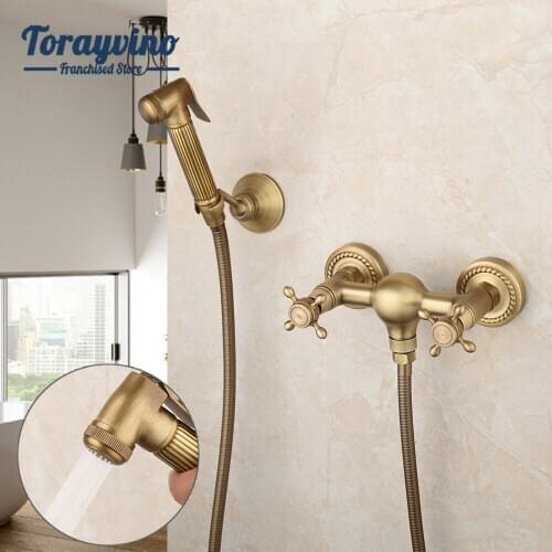 Torayvino Bathroom Brass Rain Shower Faucet Antique Finished Mixer Wall Mount Single Handle Hand Shower Spray Shower Set