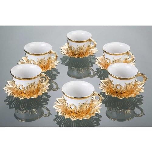 Turkish Handmade Serving Set Arabic Coffee Mugs Golden Coffee Cups and Saucers Serving Set Ceramic Silver Coffee Mugs