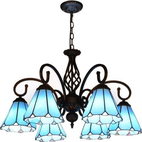 Tiffany stained glass shade chandelier black lamp body blue glass kitchen bedroom chandeliers bohemian mediterranean style