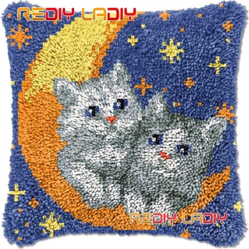 Latch Hook Cushion Moon Kittens DIY Needlepoint Kits Chunky Acrylic Yarn Arts Crocheting Lofty Pillow Case Hobby & Crafts