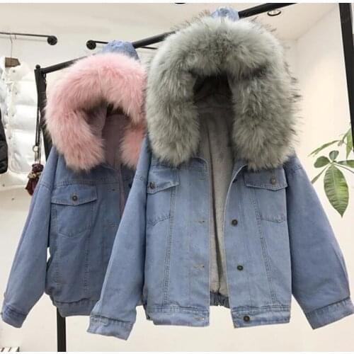 Womens Denim Jacket With Fur Winter Jeans Hooded Velvet Coat Female Faux Fur Collar 2019 Padded Warm Jackets Bomber Windbreake