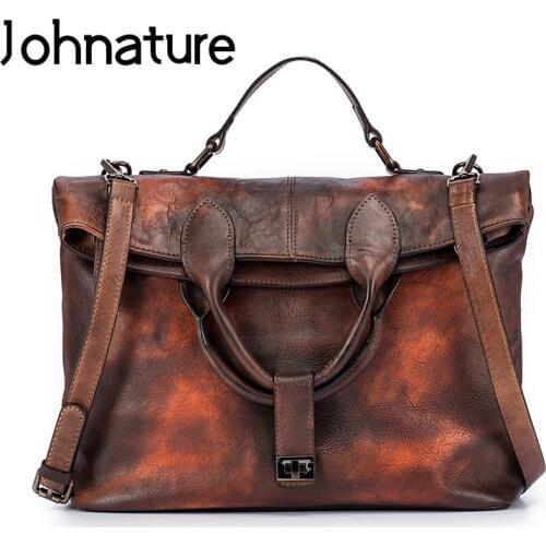 Johnature Luxury Handbags Women Bags 2020 New Retro First Layer Cow Leather Large Capacity Solid Color Shoulder Messenger Bag