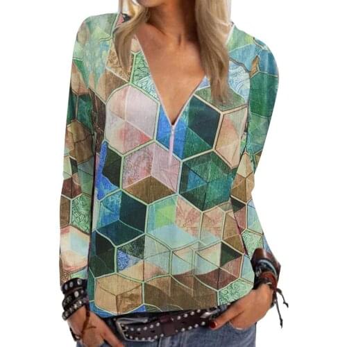 Geometric Printed Shirt V-neck Zip Ladies Long-sleeved Top Vintage Color Matching Print Shirt Lady Long Sleeve Blouses Chic