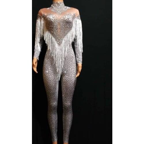 Women Sexy Fringes Dance Leggings Silver Rhinestones Stretch Jumpsuit Performance Party Celebrate Stage Show Costume Wear