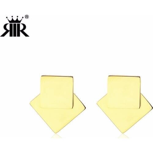 RIR Stainless Steel Trend Golden Geometric Square Stud Earrings Novel Unique Female Jewellery Earrings Gifts