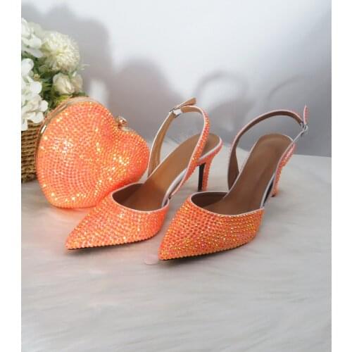 2021 New Arrival Heart Bag Orange AB Pointed Toe Wedding Shoes and bag Woman High Thin Heel Party Dress Shoes Slingbacks Pumps