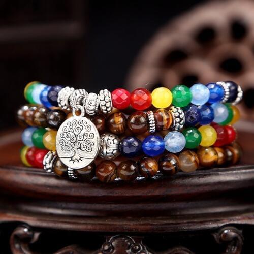 7 Chakra Yoga Beaded Bracelet Women Natural Tiger Eye Stone Tree Life 108 Buddha Bangles Femme 2019 Jewellery Pulseras Mujer