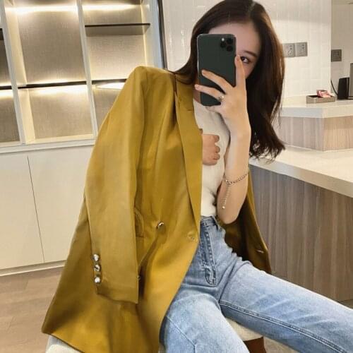TVVOVVIN Korean Casual Loose Blazer Long Sleeve Solid Color Notched Collar Slim All-match Mid-length Coat WHJY