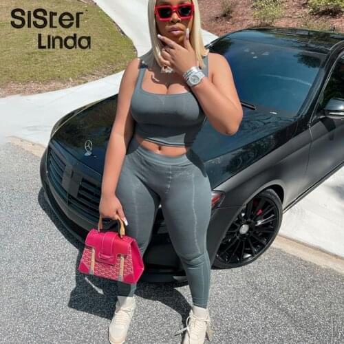 Sisterlinda Ribbed Knitted Fitness Tracksuit Women Two Piece Set Sexy Skinny Elastici Y2K Camis Tank Top+Pants Sporty Streetwear