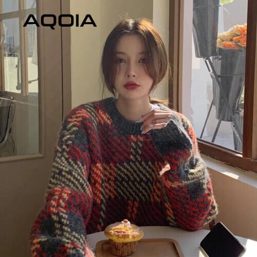 2020 Winter Vintage Knit Female Pullovers Oversize Long Sleeve Patchwork Women Sweater Korean Loose Woman Sweaters Clothing