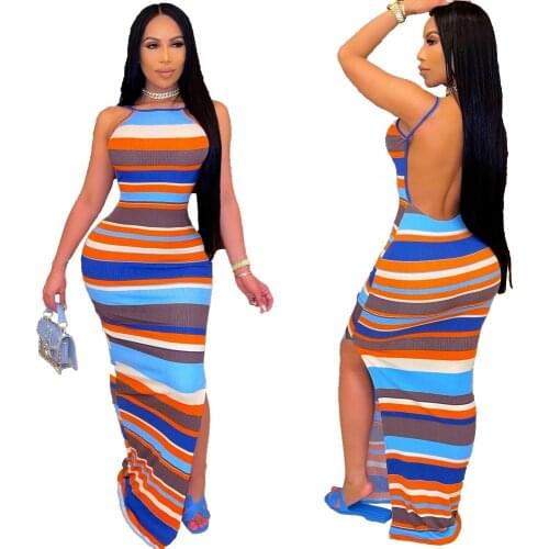 Sexy Knit Backless Striped Dress Woman Open Back Spaghetti Strap Long Floor Dressese Summer Sleeveless Boho Party Sundress 2021