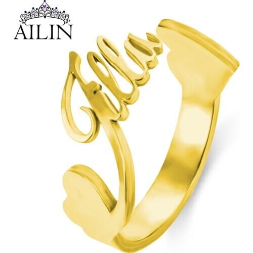 AILIN 2020 Fashion Jewelry Custom Open Finger Rings Women Men 18K Gold-plated Stainless Steel Heart Name Ring Mother Couple Gift