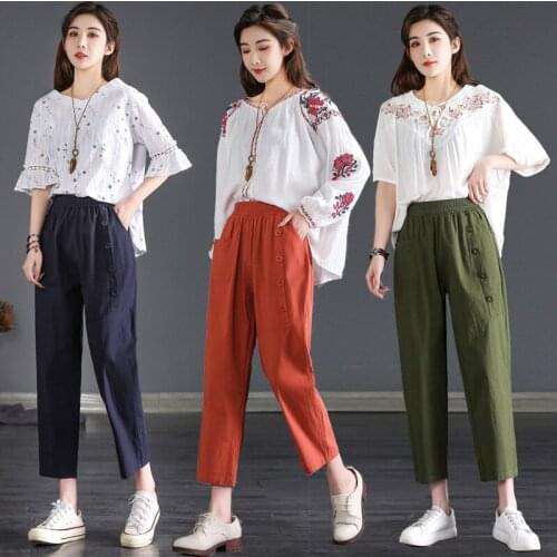 Female Large Size Slim Cotton Pants Womens Summer Loose Straight Wide Leg Pants Fitness Breathable Elastic High Waist Pants