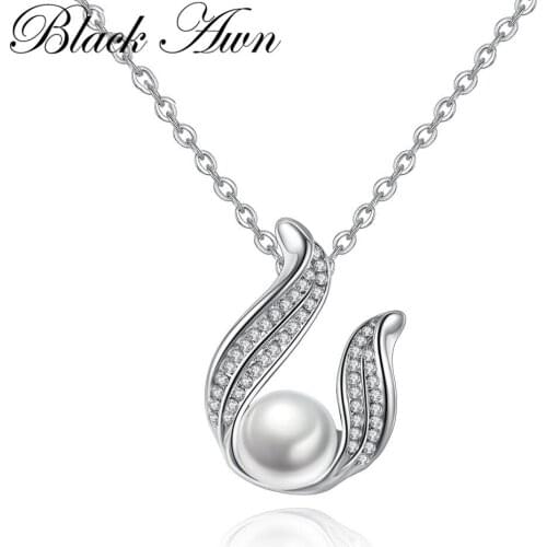 Black Awn Sterling Silver 925 Swan Pearl Pendant Necklace Wings Necklace for Women Sterling Silver Jewelry