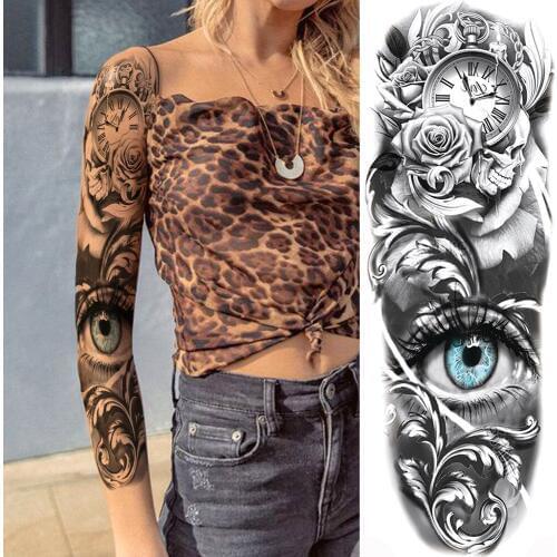 Large Devil Eye Temporary Compass Tattoos For Men Women Body Art Full Arm Clock Flower Tatoo Water Trasnfer Fake Tattoo Stickers