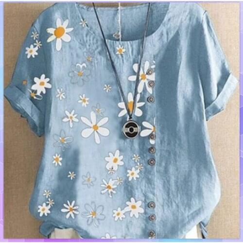 Retro Floral Print T-shirts Women Summer Shirts Short Sleeve Cotton And Linen T-shirt Large Size Loose Pius Size Graphic Tees