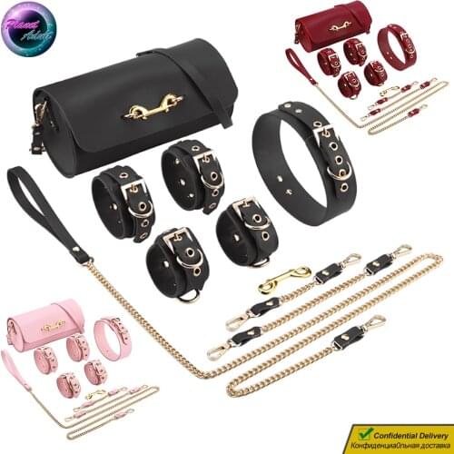 PU Leather BDSM Kit Sexual Bandage Set Adult Sex Toys Handcuffs Shackles Leash Chain Collar for Women Men Lesbian Gay Couples
