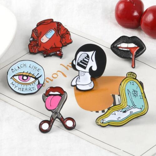 Grotesque Creative Punk Lapel Metal Pins Red Clothes Mouth Twisted Watch Brooches Badges Backpack Pins Jewelry Gift For Friends
