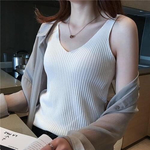 V Neck Camisole Womens Summer Ice Silk Knitted Black White Bottoming Shirt Sleeveless Jacket Outer Wear Women Sleeveless Vest