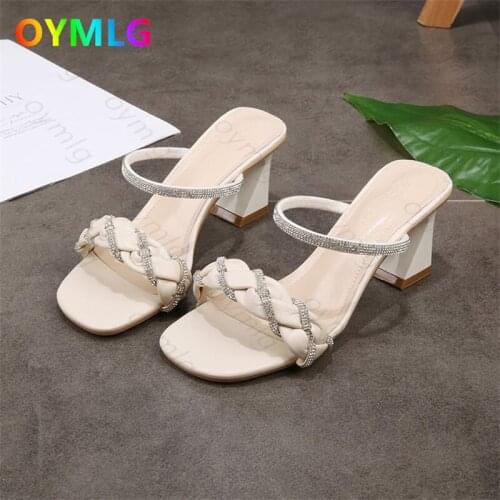 Fashion slippers women wear a word with rhinestone mid-heel sandals 2021 summer fashion sexy fairy high-heeled sandals