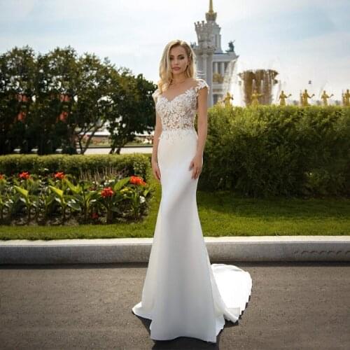 Fashion Mermaid Wedding Dresses O-Neck Sleeveless Appliques Satin Skirt Bridal Gown With Sweep Train Custom Made