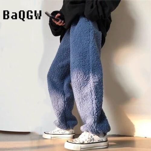 New Mens Fashion Furry Pants Autumn Winter High Street Solid Color Loose Middle-waisted Pocket Casual Male Velvet Straight Pants