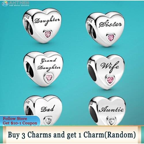 Ahthen 925 Sterling Silver Beads Sister Daughter Family Heart Charms fit Original Pandora Bracelets for Women Jewelry Gift