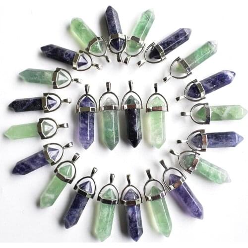 Fashion good quality natural fluorite stone pillar charms point Chakra pendants for jewelry making 24pcs/lot Wholesale free