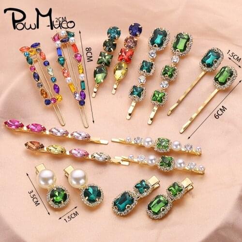Powmuco Vintage Green Hairpins Shining Rhinestone Metal Hair Clips Bangs Barrettes Fashion Handmade DIY Accessories for Women