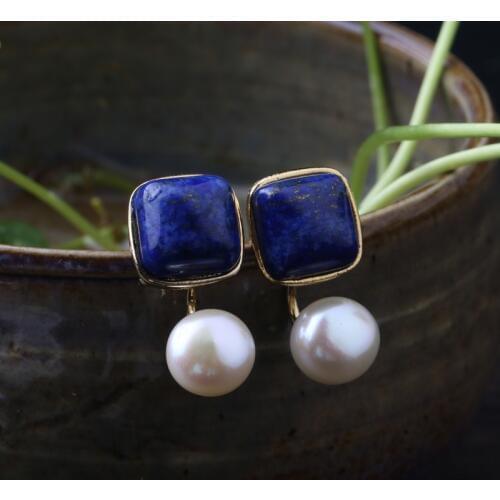 925silve Natural lapis lazuli freshwater pearls front and rear earrings