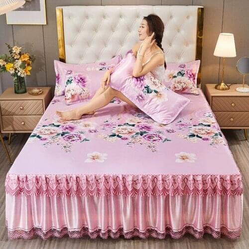 Bed Skirt, Ice Silk Mat, Three-piece Lace, Air-conditioning Mat Set, Bedding Queen Size Bed Sheets Set Fitted Bed Sheet