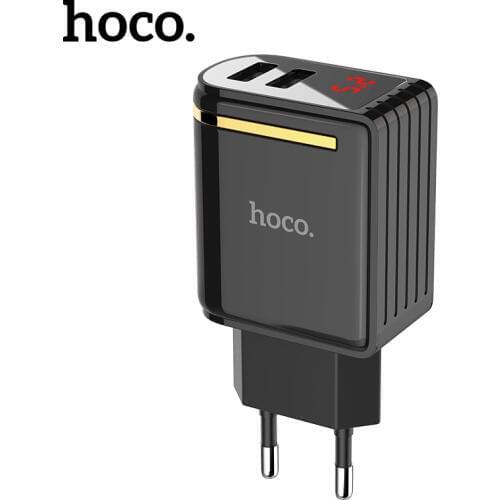 Hoco Dual USB Charger For Samsung S20 S21 5V 2.4A EU Plug Fast Charging Digital Display Wall Travel Chargers Adapter For iPhone