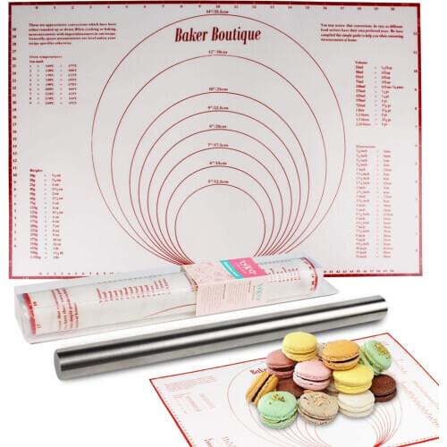 Stainless Steel Rolling Pin and Silicone Cake Baking Mat Non-stick Large Dough Fondant Rolling Mat Baking Mat Pad Liners Upgrade