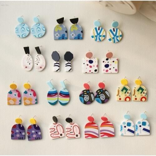 AOMU 2021 New Colorful Graffiti Flower Stripe Geometric Round Square Acrylic Earrings for Women Jewelry New Year Gifts