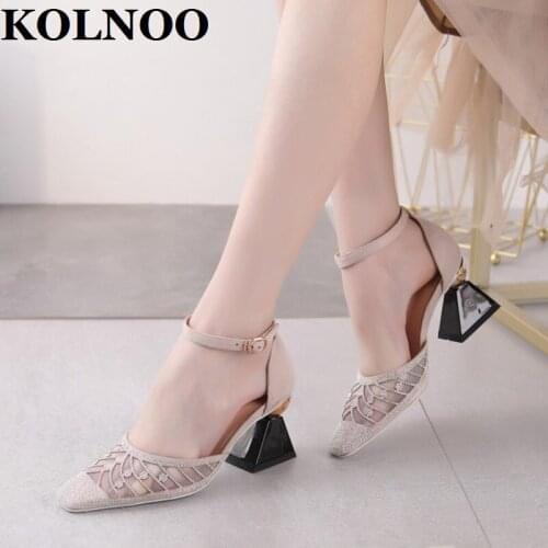 KOLNOO Handmade New Arrival Womens 5cm High Heels Sandals Rhinstones Hallow Buckle Strap Party Prom Sexy Fashion Evening Shoes