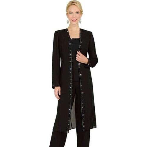 Three Piece Mother Chiffon Pant Suits Mother Of The Bride Pant Suits with Long Jacket vestidos de fiesta Elegant Evening dress