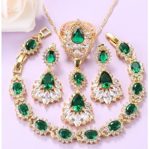 Gold-Color Ornament Big Jewelry Sets Long Earrings Ring With Green Cubic Zirconia Necklace And Bracelet Bridal Sets For Women